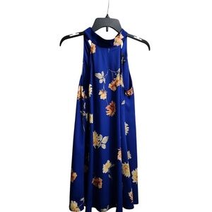 Lulus Royal Blue Floral Print Halter Neck Swing Dress Summer Party Cocktail XS